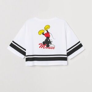 H&M White Cropped Tee with Black Stripes and Yellow/Red Mouse Graphic